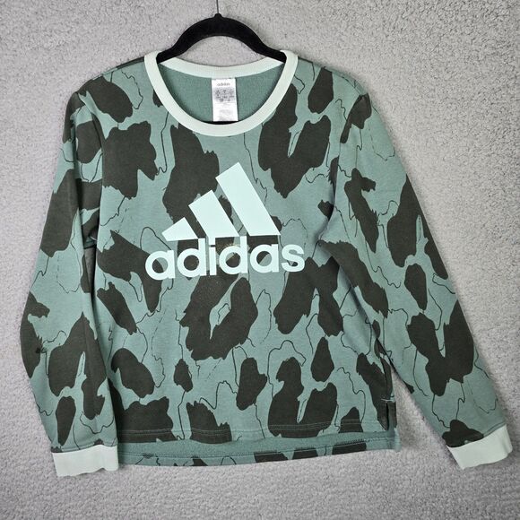 Adidas Sweatshirt Womens S Green Black Camo Pullover Logo Spell Out Streetwear - Picture 10 of 10